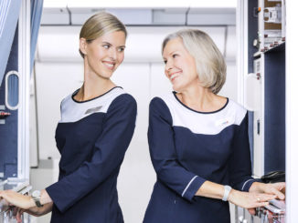 Finnair Airbus A330 with two flight attendants in the galley