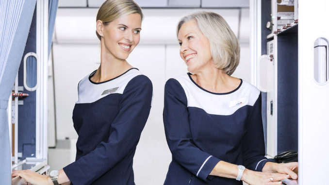 Finnair Airbus A330 with two flight attendants in the galley