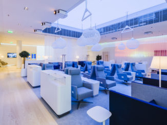 Finnair new Premium Lounge Helsinki Vantaa sitting areas with blue mood lighting