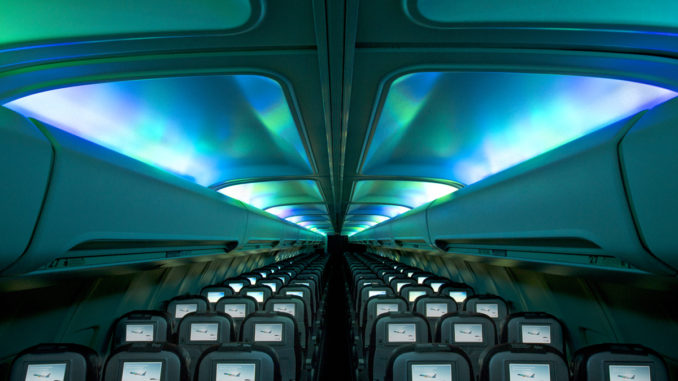 Icelandair Boeing 757 Hekla Aurora economy class cabin with mood lighting