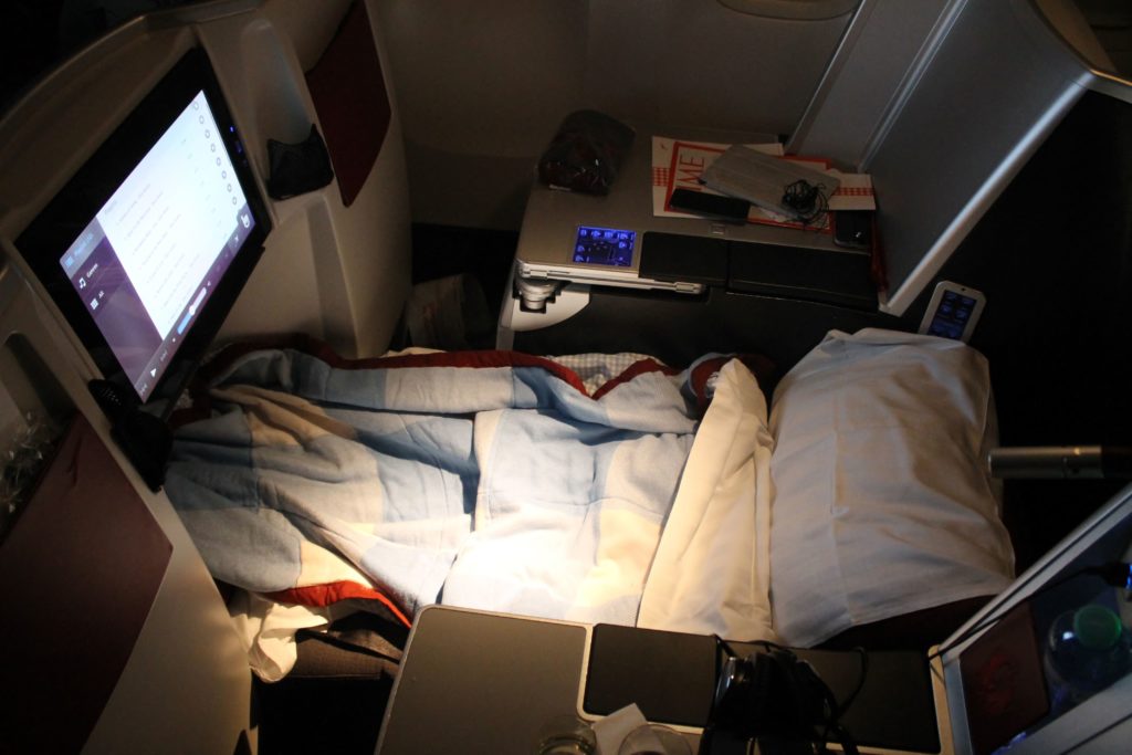 Austrian Airlines Business Class Vienna-Bangkok seat made into a bed