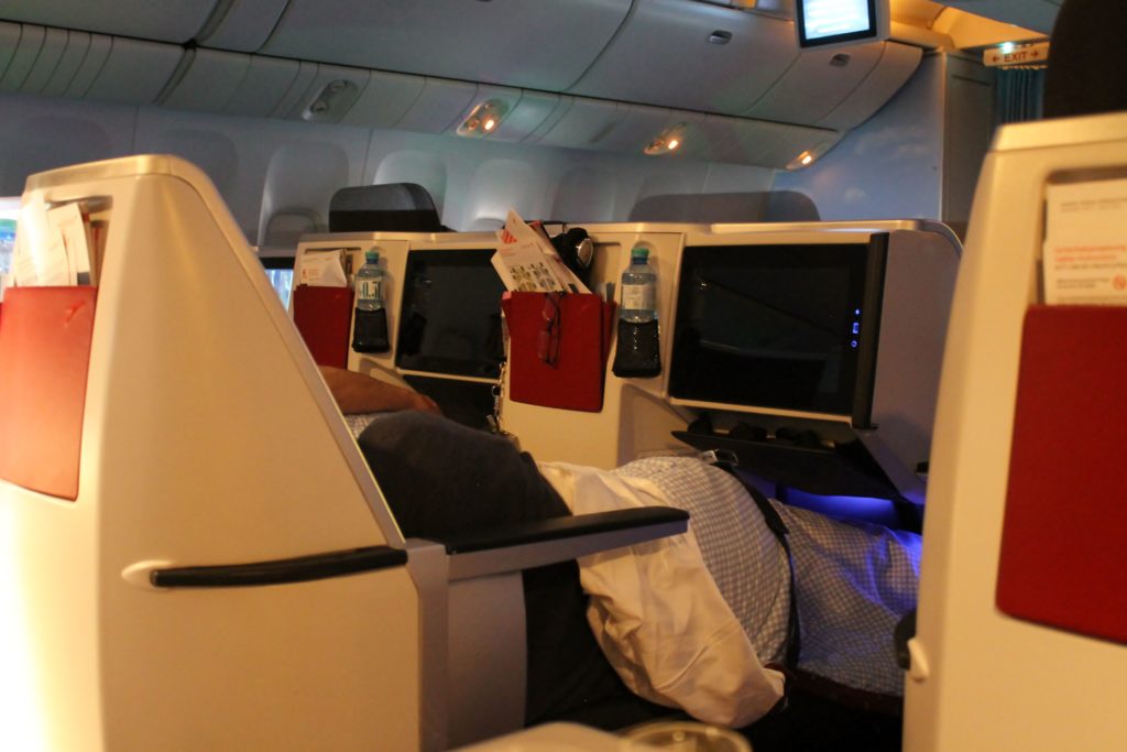 Austrian Airlines Business Class Vienna-Bangkok passengers sleeping in the cabin