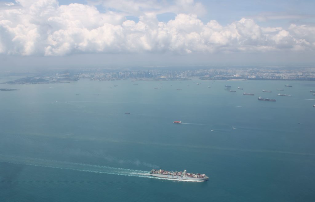 Singapore Airlines Economy Class Bangkok-Singapore Changi ships anchored