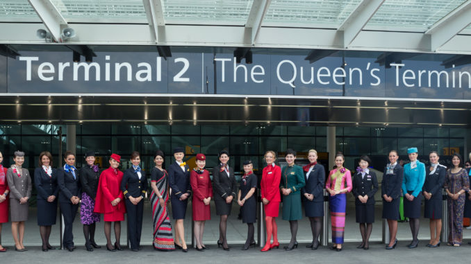 Star Alliance flight attendants in uniforms outside London Heathrow terminal 2