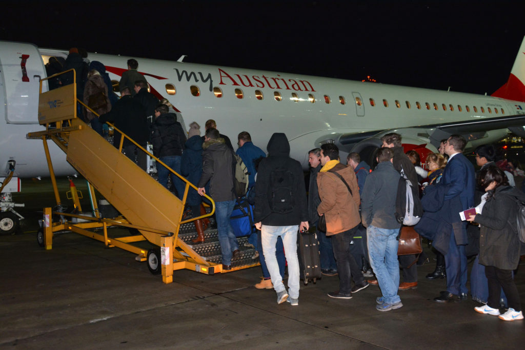 Austrian Airlines Embraer 195 passengers boarding the maiden flight