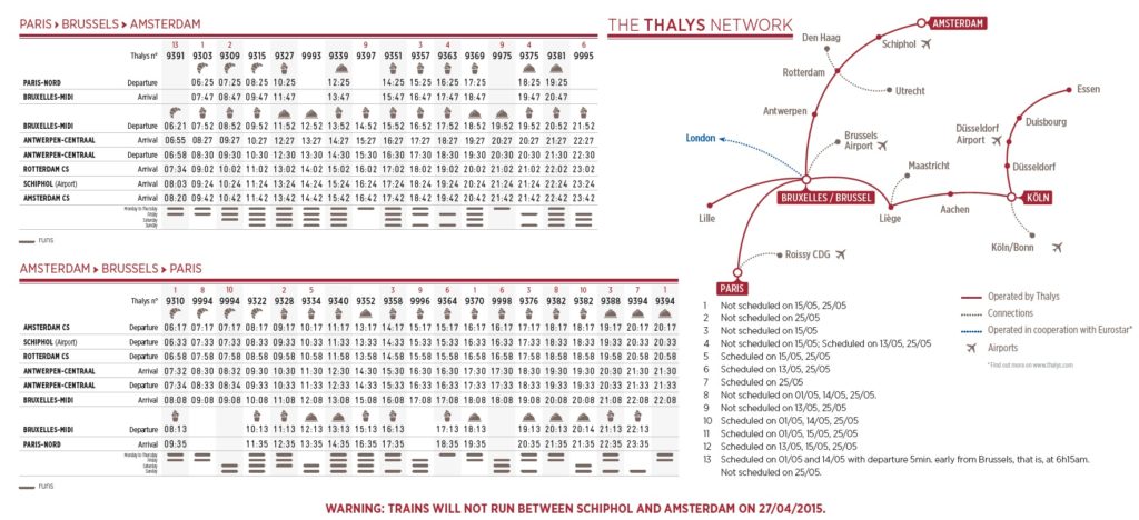 Thalys timetable Amsterdam-Brussels-Paris