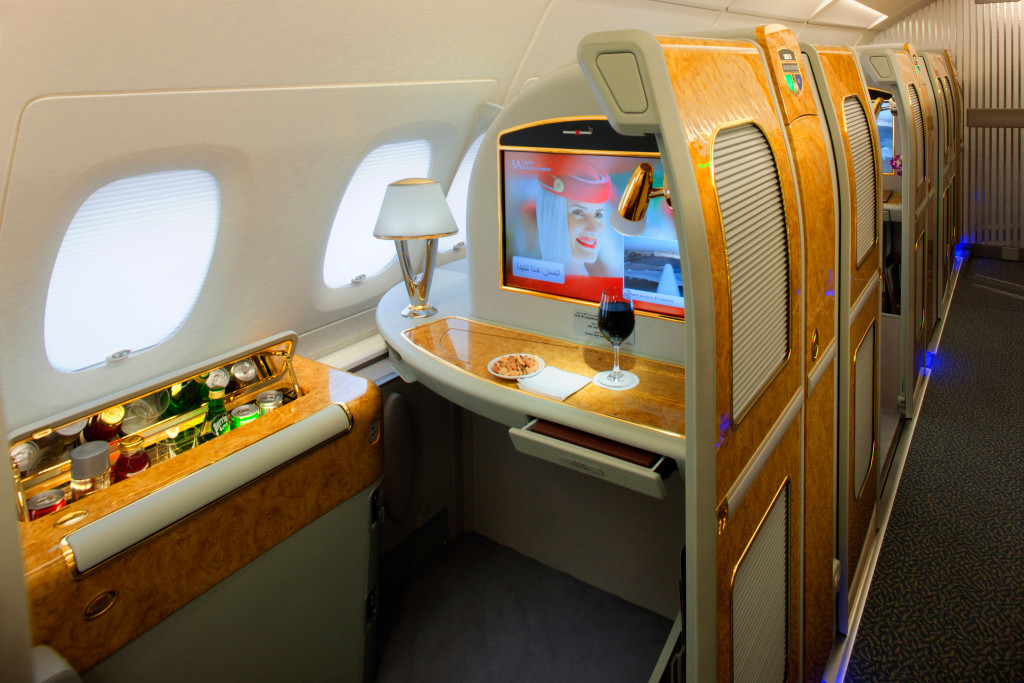 Emirates First Class suite on Airbus A380 with screen