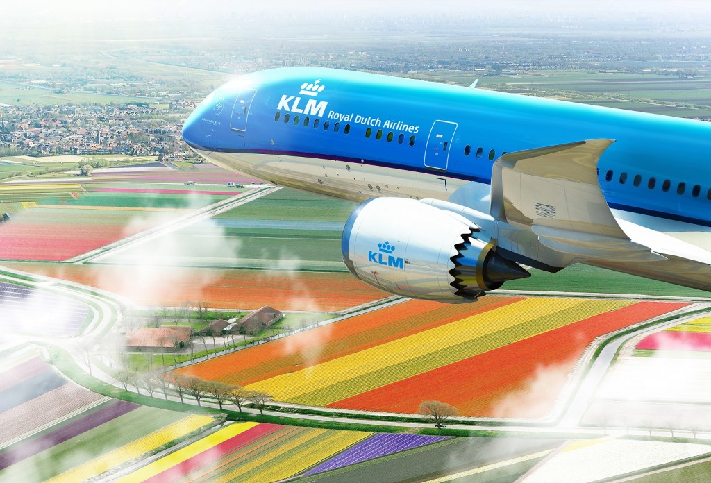 KLM Boeing 787-9 Dreamliner flying over colourful Dutch landscape