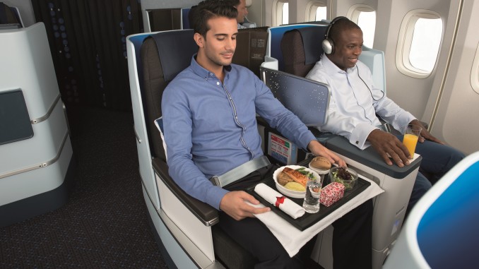 Meal service in KLM new longhaul World business class with two male passenger