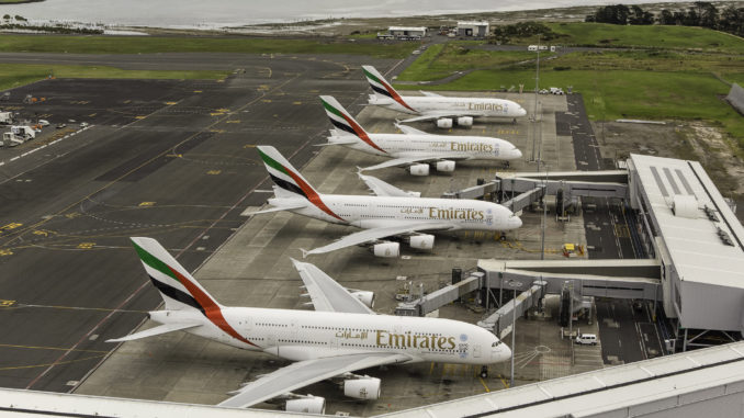 Emirates Airbus A380 aircrafts in Auckland