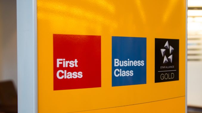 Lufthansa First Class, Business Class and Star Alliance Gold sign at Frankfurt airport