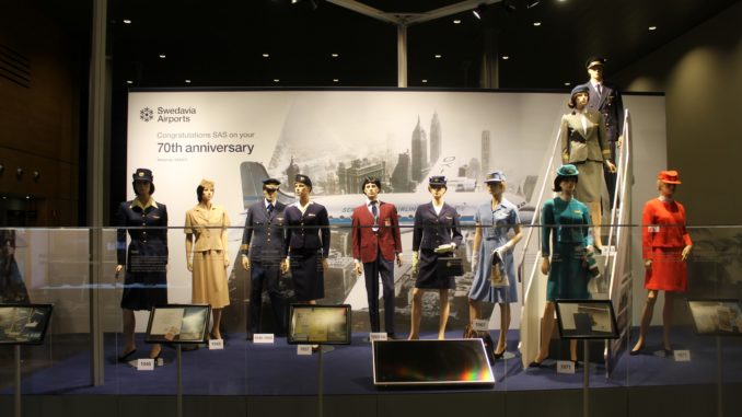 Exhibition SAS 70 years with retro uniforms at Stockholm Arlanda airport