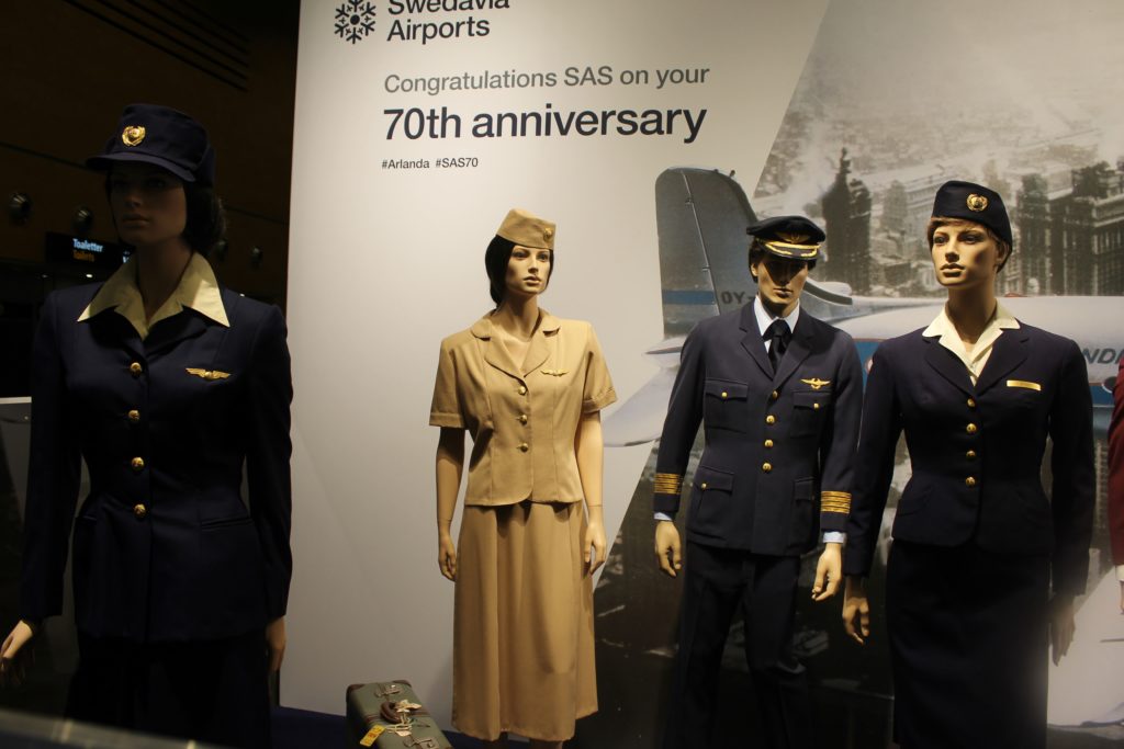 Exhibition SAS 70 years with retro uniforms at Stockholm Arlanda airport