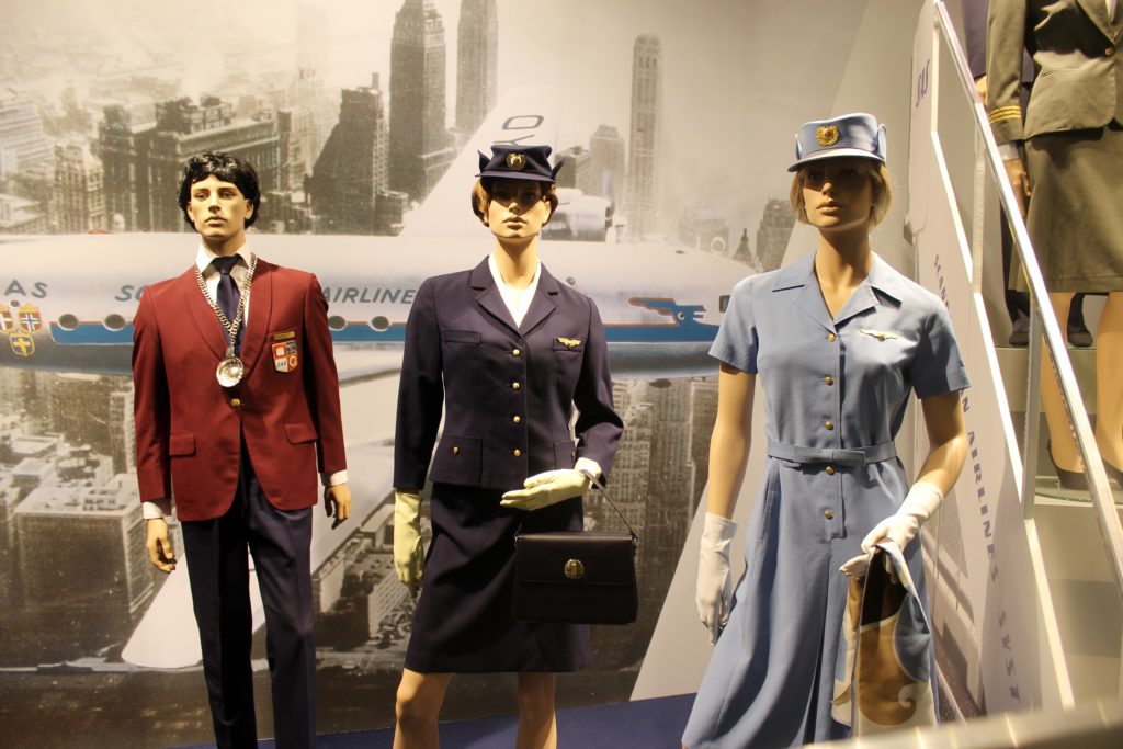 Exhibition SAS 70 years with retro uniforms at Stockholm Arlanda airport