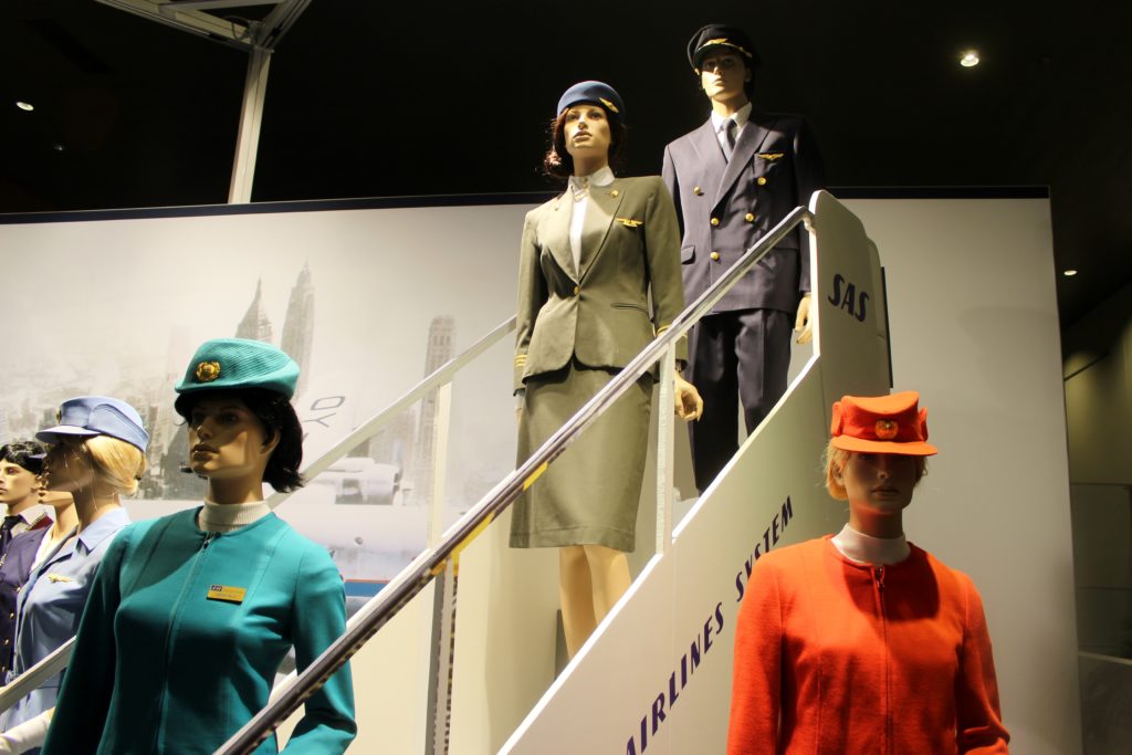 Exhibition SAS 70 years with retro uniforms at Stockholm Arlanda airport