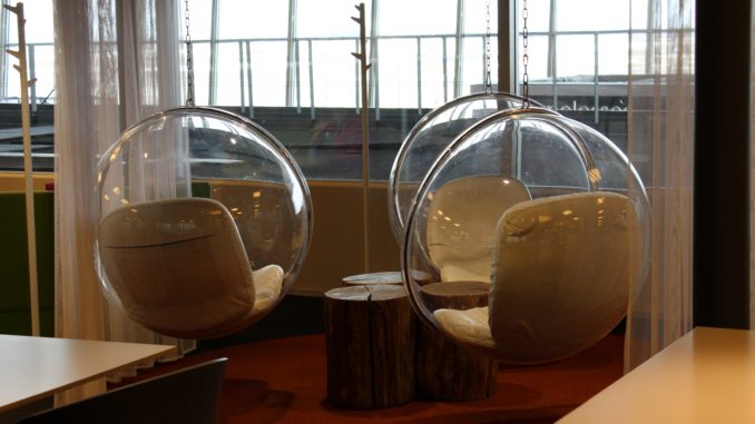 Lounging in a bubble chair in the Aspire Lounge in Helsinki