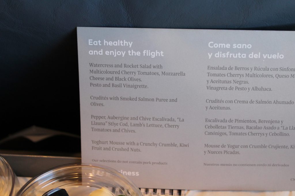 Air Europa Business Class Madrid-Amsterdam menu