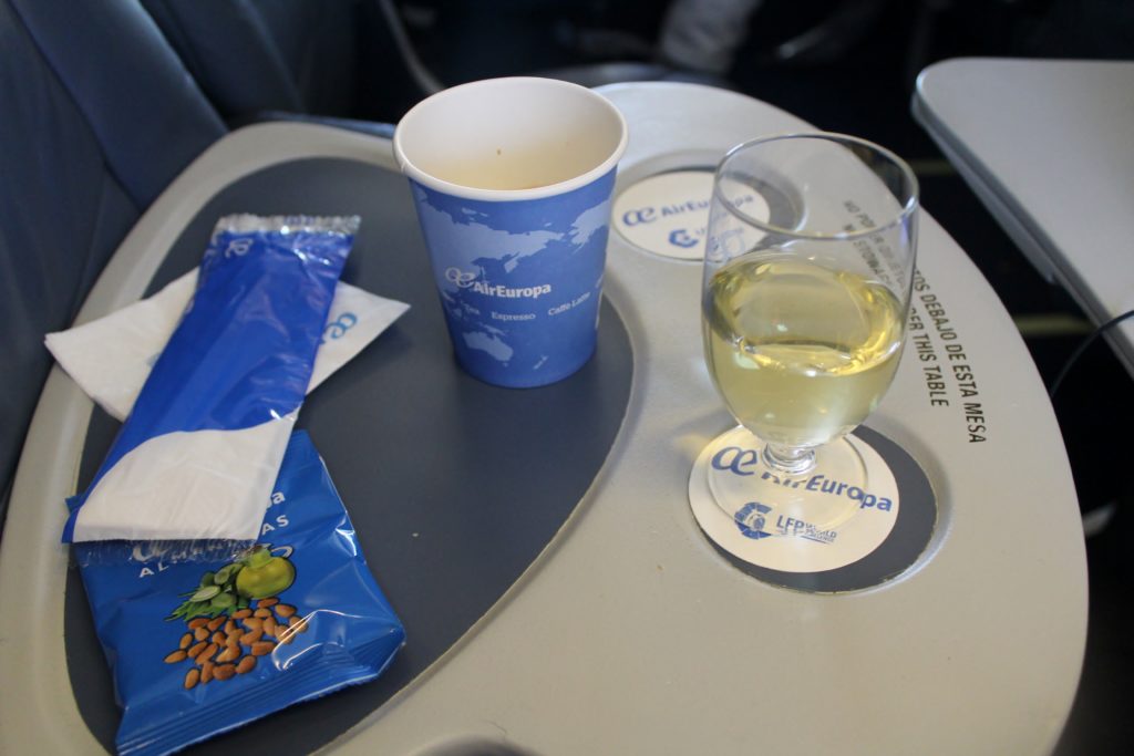 Air Europa Business Class Madrid-Amsterdam white wine and coffee