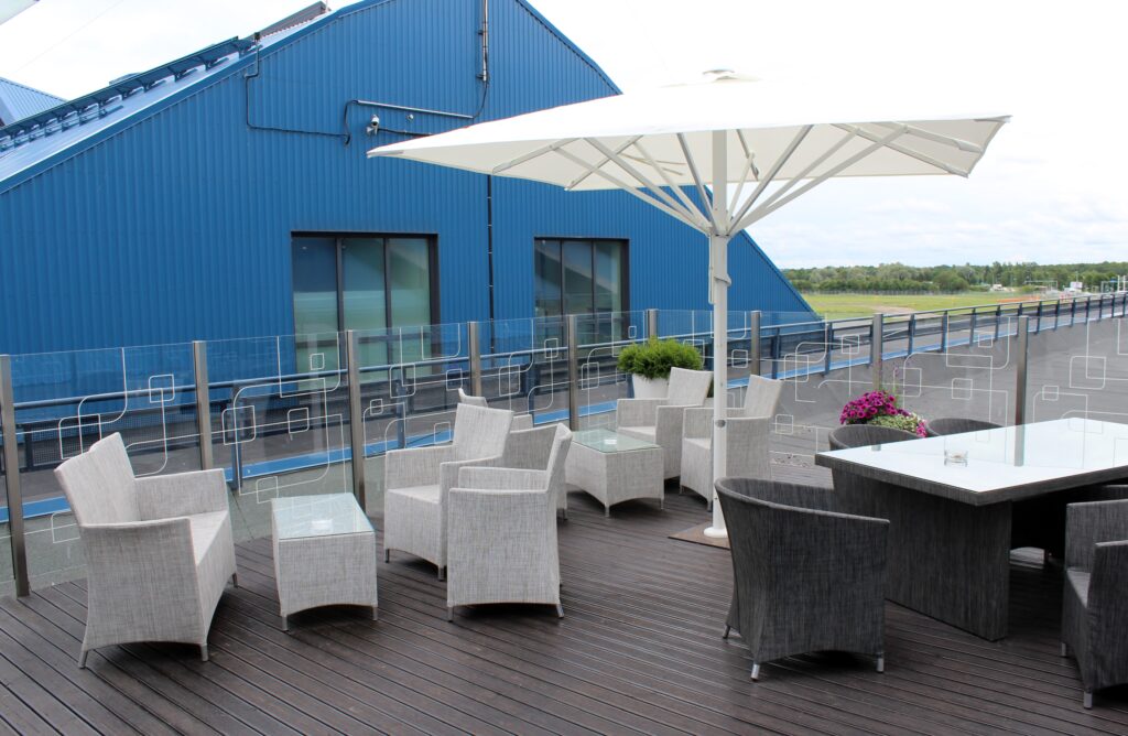 The outdoor lounge terrace at Tallinn Airport Business Lounge