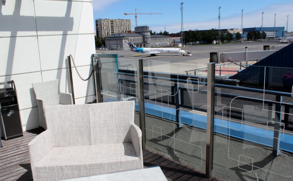 The outdoor lounge terrace at Tallinn Airport Business Lounge