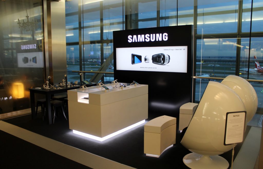 Samsung pop-up stand in the British Airways Galleries First Lounge at London Heathrow terminal 5