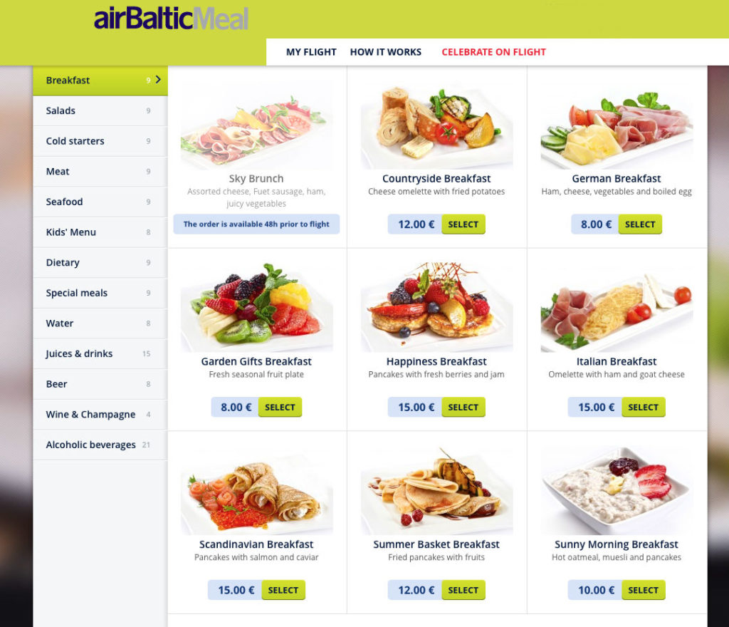 Air Baltic pre-order breakfast