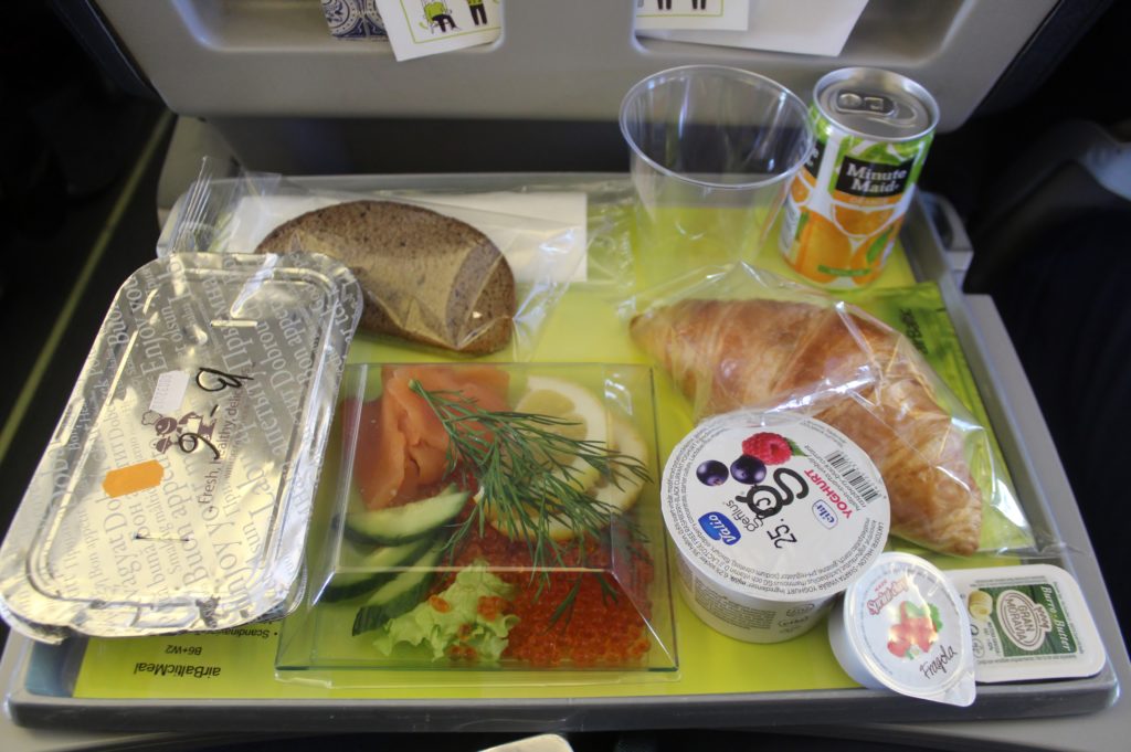 Air Baltic Scandinavian breakfast with pancakes, salmon and caviar