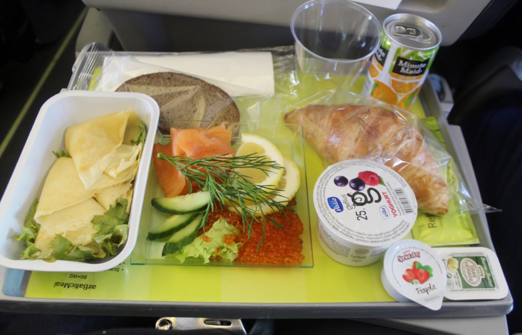 Air Baltic Scandinavian breakfast with pancakes, salmon and caviar