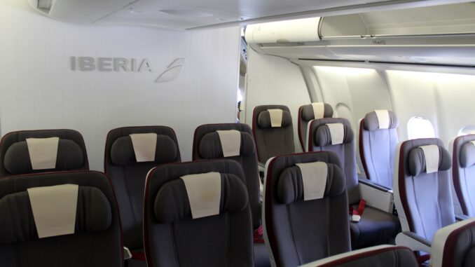 Iberia Premium Economy seats and cabin on the Airbus A340