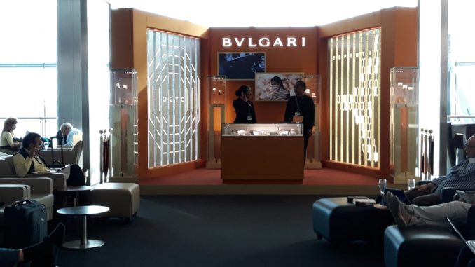 Bvlgari pop-up stand in the British Airways Galleries First Lounge at London Heathrow