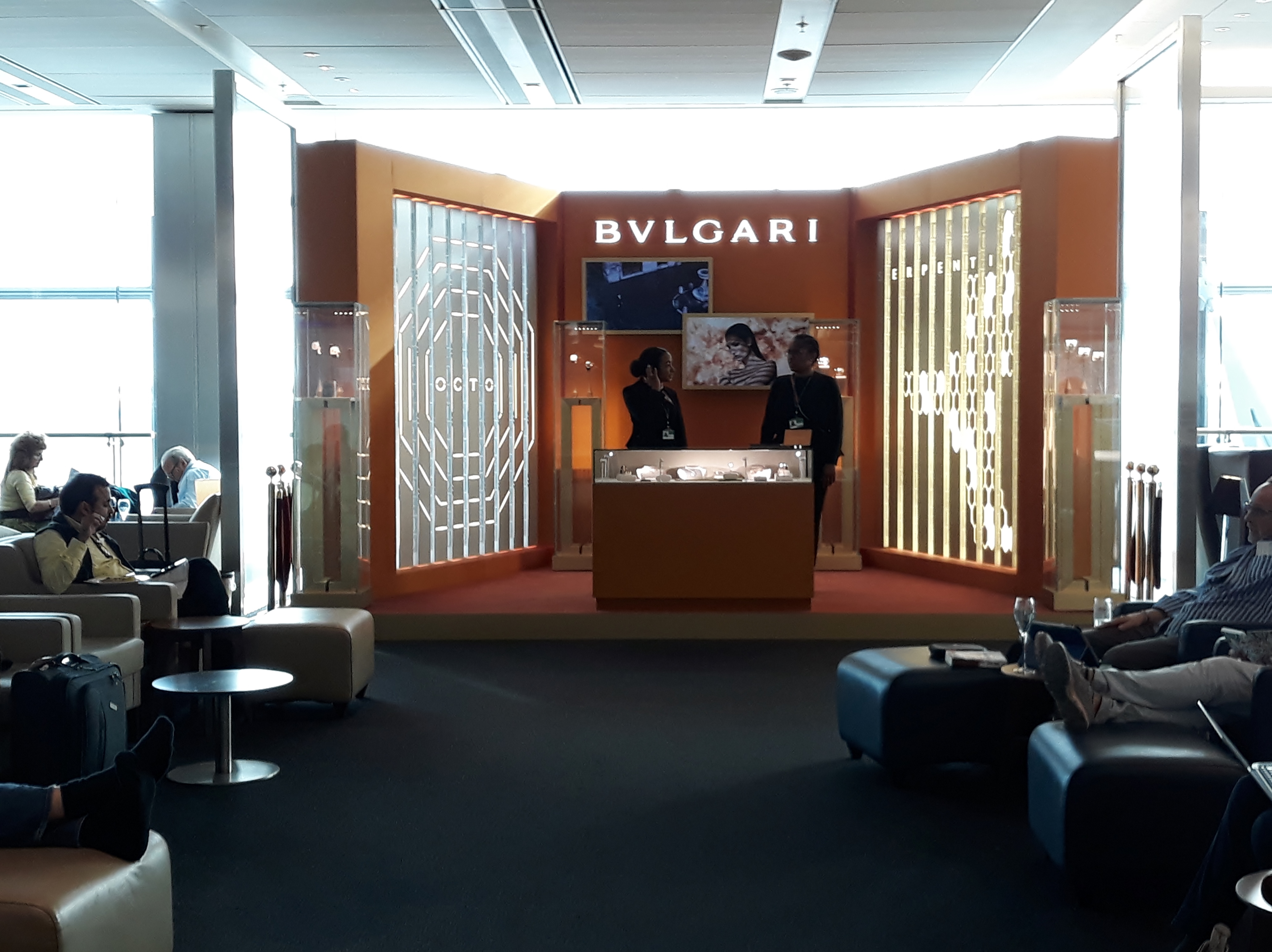 Bvlgari pop-up stand in the British Airways Galleries First Lounge |  