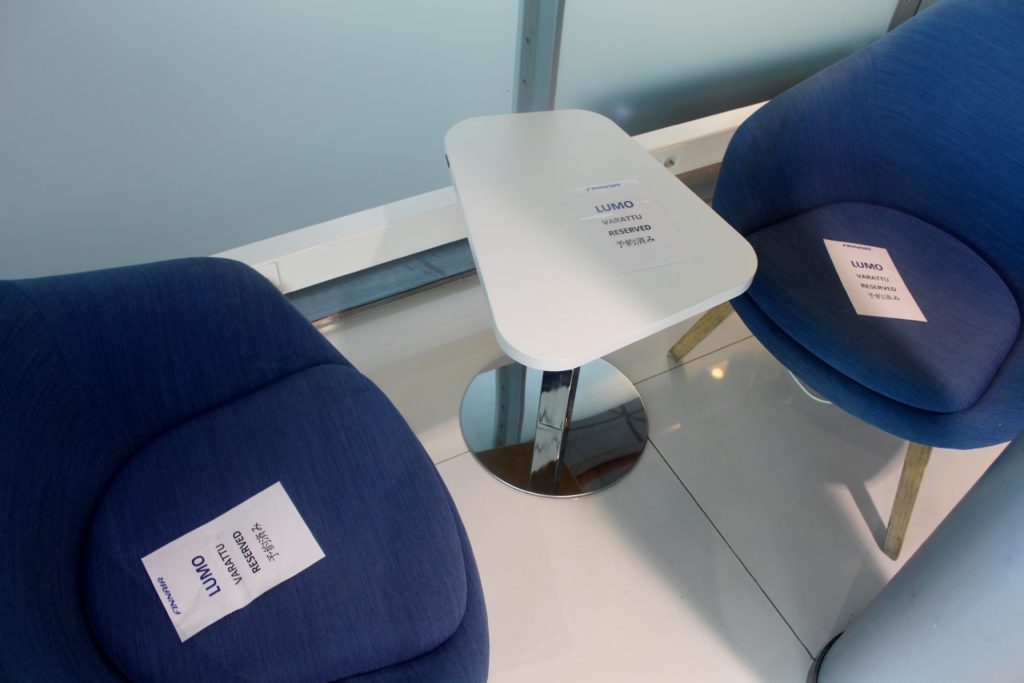 Reserved seats for Finnair Lumo in the Finnair Lounge in Helsinki