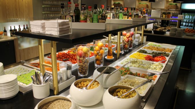 The colourful self-service buffet in the SAS Gold Lounge at Oslo Gardermoen