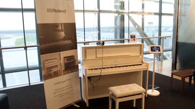 Digital piano in the British Airways Galleries First Lounge at London Heathrow