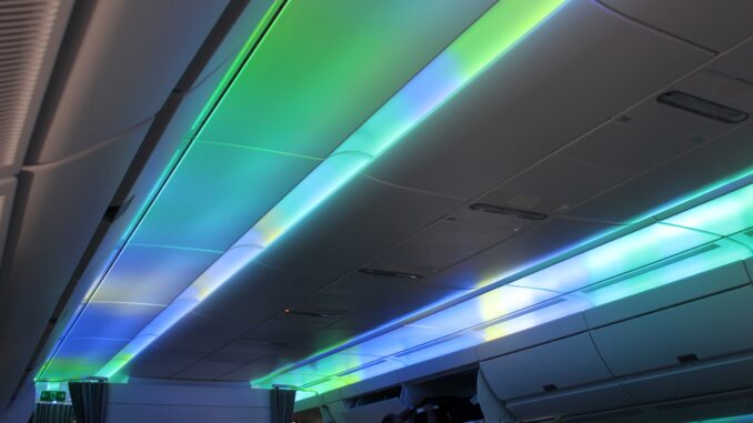 The Northern Lights mood lighting effects on the Finnair Airbus A350