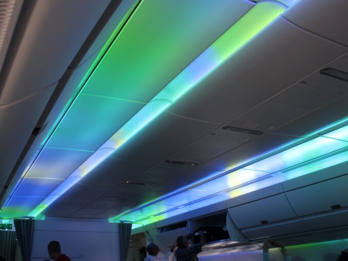 The Northern Lights mood lighting effects on the Finnair Airbus A350