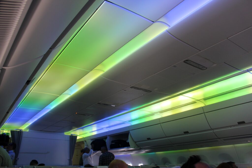 The Northern Lights mood lighting effects on the Finnair Airbus A350