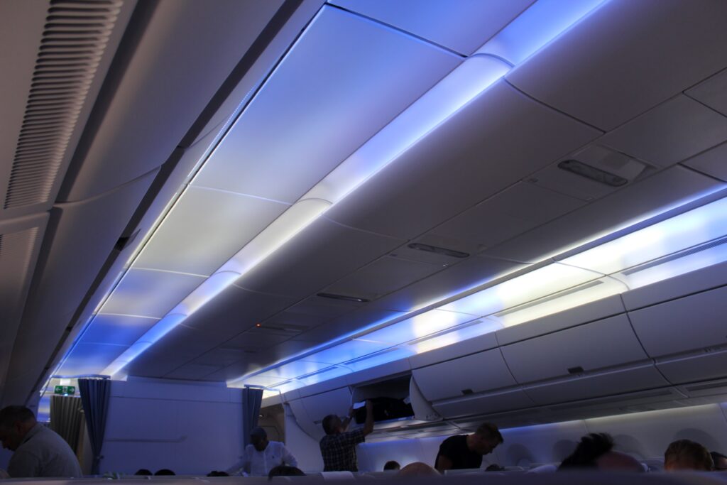 The Northern Lights mood lighting effects on the Finnair Airbus A350