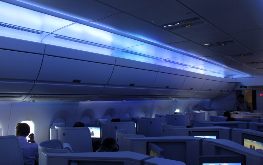 The Northern Lights mood lighting effects on the Finnair Airbus A350