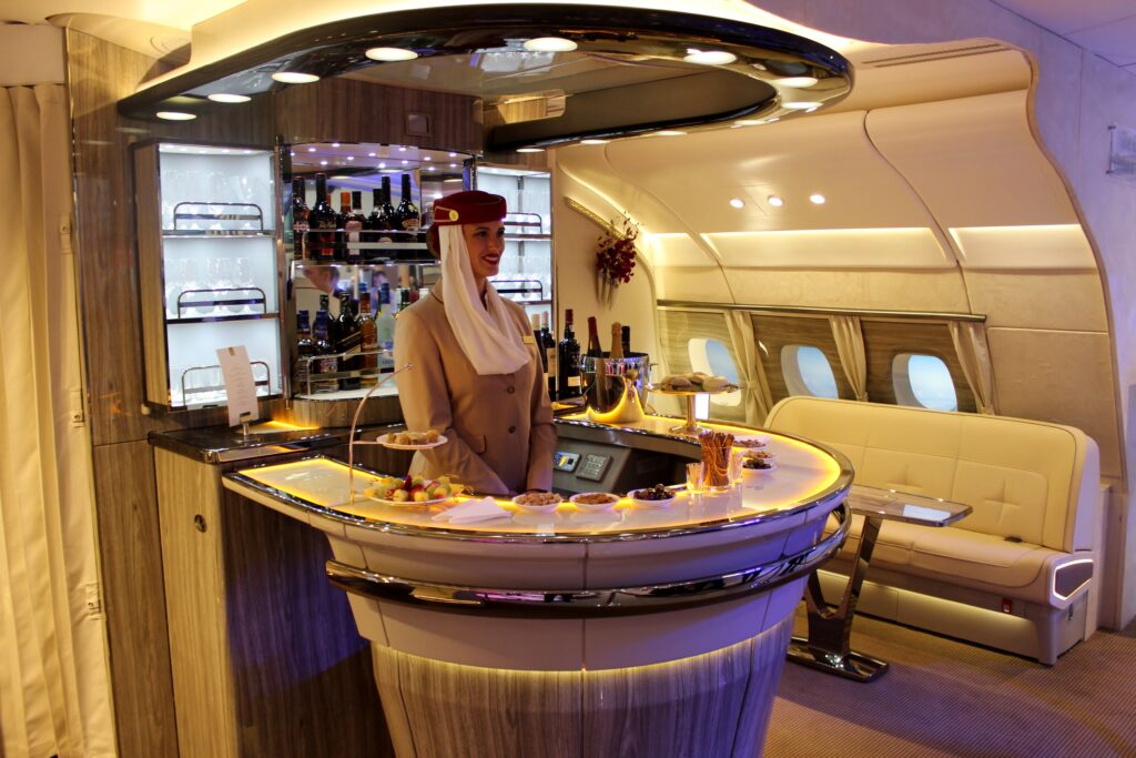 The new Emirates business class bar on the Airbus A380